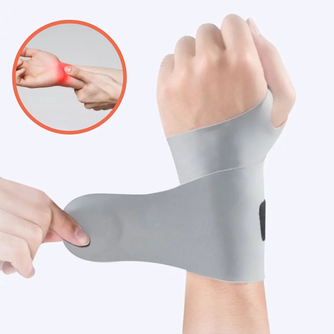 "Men's adjustable wrist support brace, black breathable fabric, sleek design, for pain relief, carpal tunnel and strain."