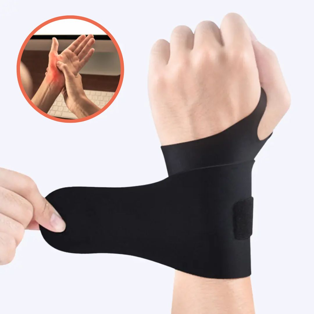 "Men's adjustable wrist support brace, black breathable fabric, sleek design, for pain relief, carpal tunnel and strain."