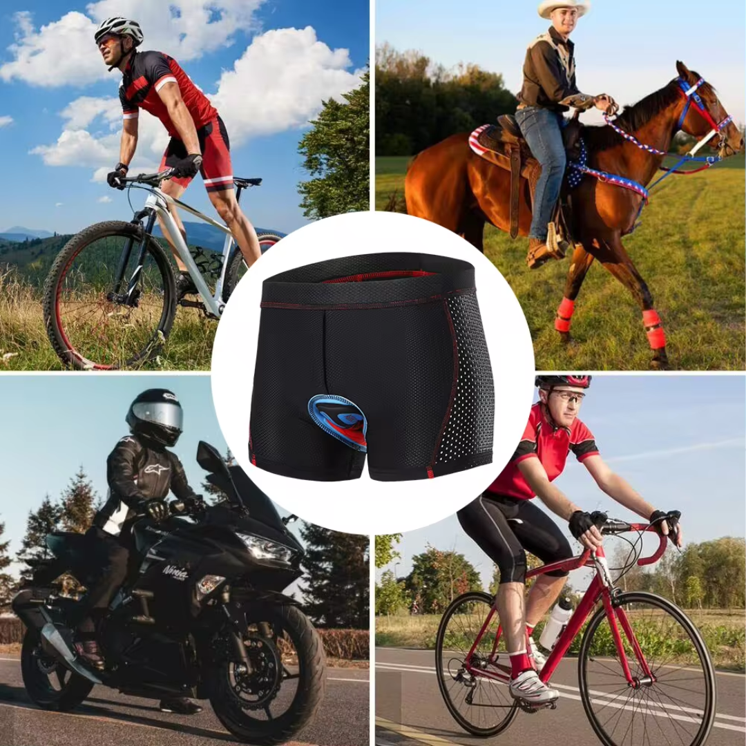 "Men's black motorcycle protection shorts with chamois padding, 3-D gel pads, and flatlock stitching for long ride comfort."