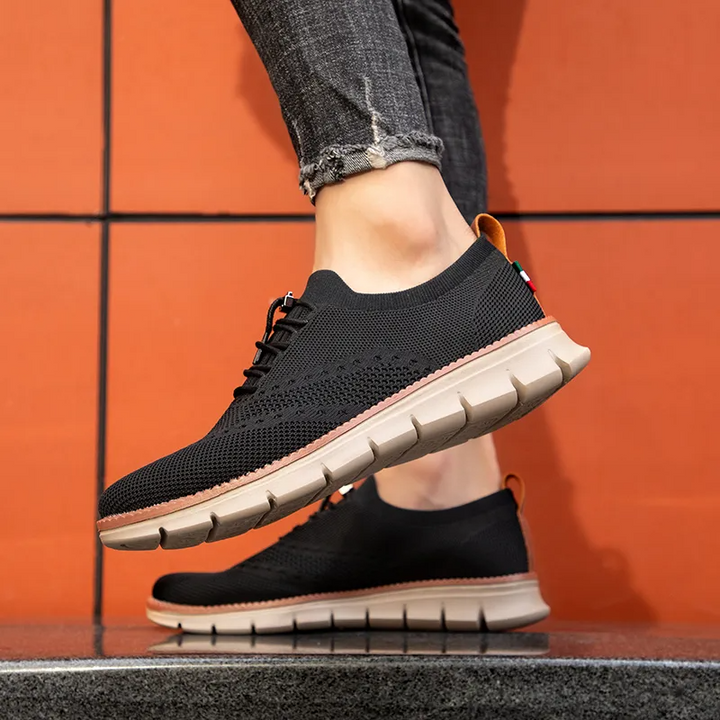 "Men's breathable lightweight stretch shoes, ultra comfort design, feather-light, versatile, knit material, stylish colors."