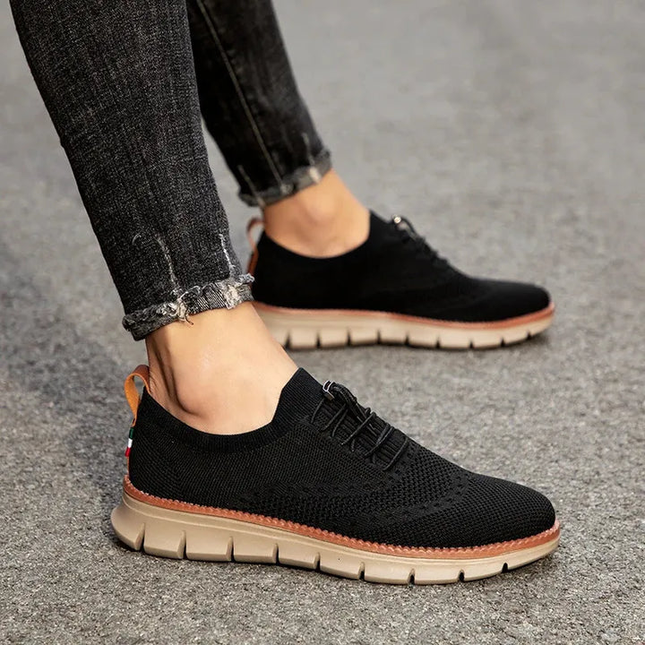 "Men's breathable lightweight stretch shoes, ultra comfort design, feather-light, versatile, knit material, stylish colors."