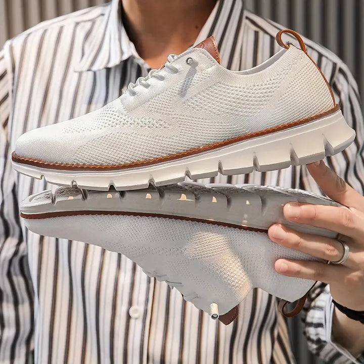 "Men's breathable lightweight stretch shoes, ultra comfort design, feather-light, versatile, knit material, stylish colors."