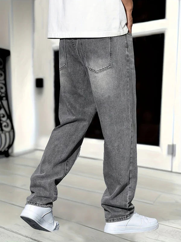 Men's classic straight washed denim pants featuring a straight-leg fit, subtle wash, and durable cotton-polyester blend.