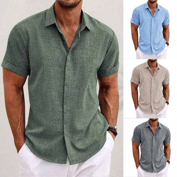 Men's cotton linen short sleeve shirt, front view, breathable fabric, versatile design, perfect for casual and semi-formal we
