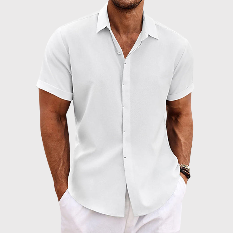 Men's cotton linen short sleeve shirt, front view, breathable fabric, versatile design, perfect for casual and semi-formal we