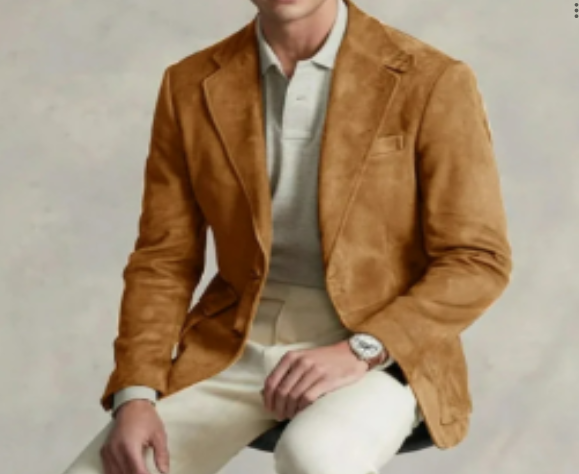 "Men's dark brown blazer with classic cut, modern details; ideal for business or events; tailored elegance for style."