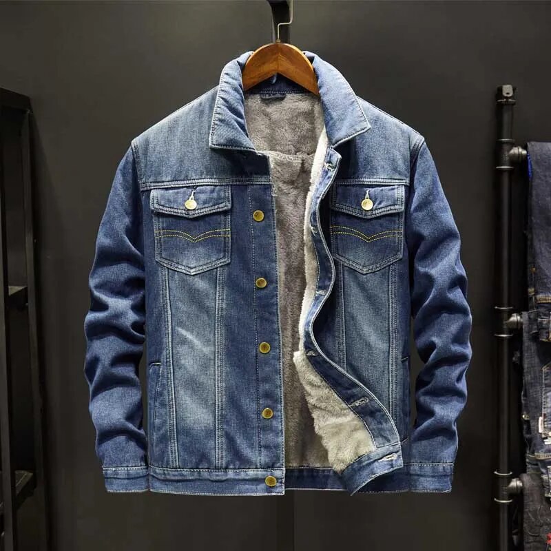 Men's denim jacket with fleece lining, displaying timeless style and warmth, ideal for winter outfits and casual occasions.