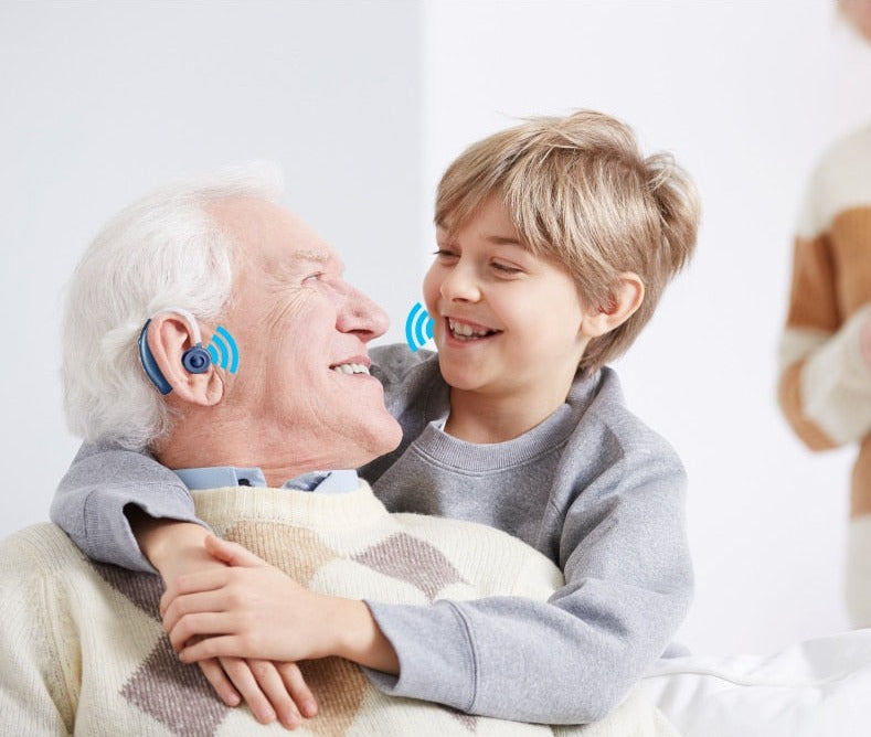 "Men's digital behind-ear hearing aid with sleek design, enhancing sound clarity, rechargeable, and customizable fit."