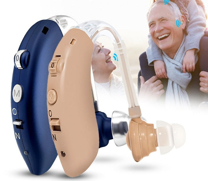 "Men's digital behind-ear hearing aid with sleek design, enhancing sound clarity, rechargeable, and customizable fit."