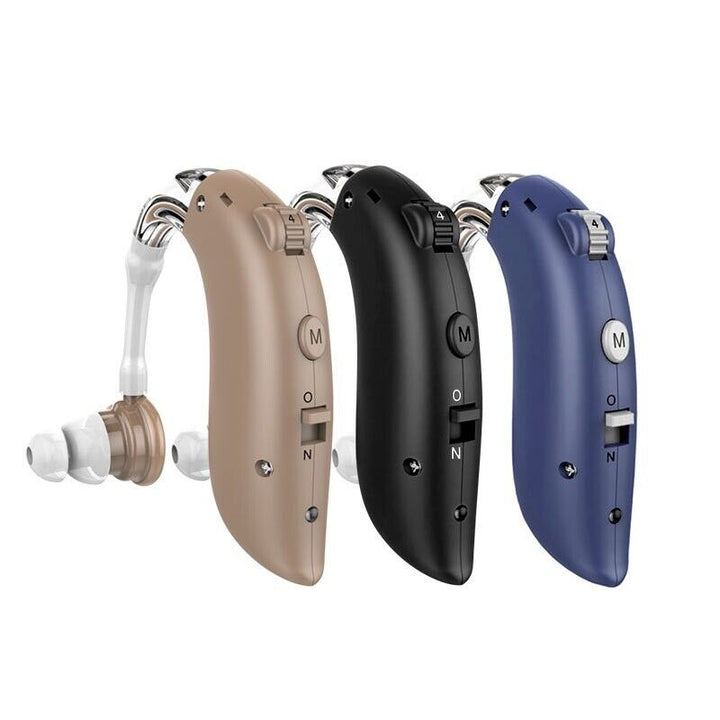 "Men's digital behind-ear hearing aid with sleek design, enhancing sound clarity, rechargeable, and customizable fit."