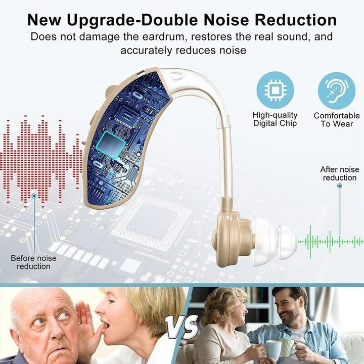 "Men's digital behind-ear hearing aid with sleek design, enhancing sound clarity, rechargeable, and customizable fit."