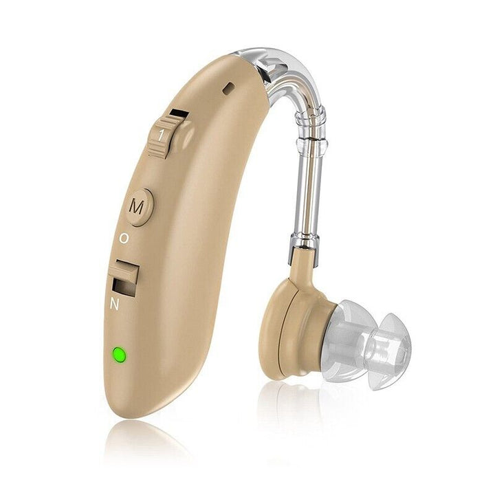 "Men's digital behind-ear hearing aid with sleek design, enhancing sound clarity, rechargeable, and customizable fit."
