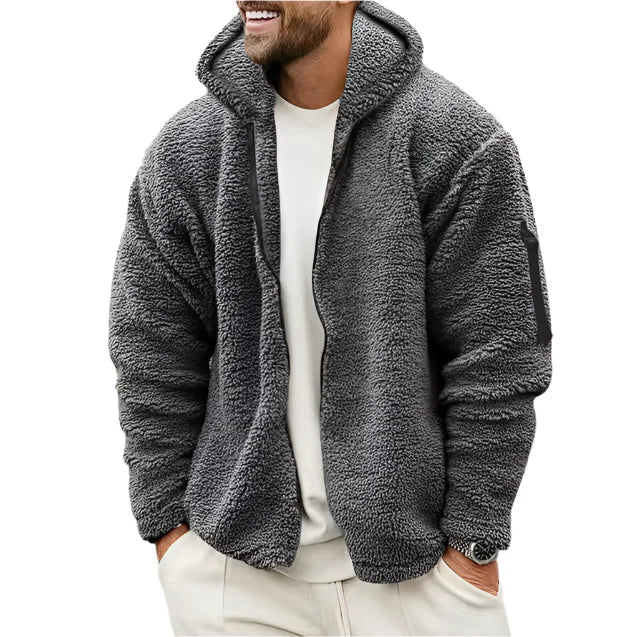 Men's fleece hoodie jacket in neutral color, full-zip style with adjustable hood and pockets, provides warmth and elegance.