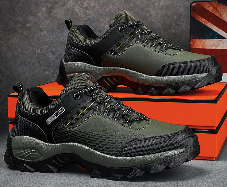 Men's flexible sole barefoot hiking shoes with lacing in a sleek, durable design for natural walking and outdoor adventures.