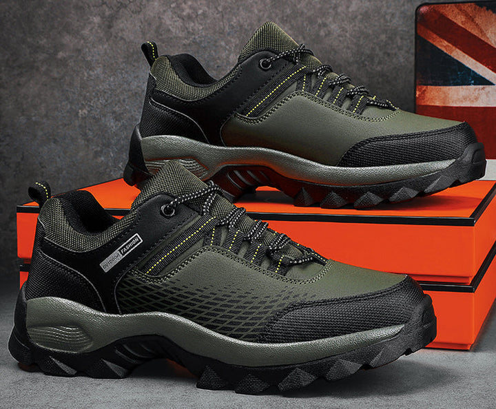 Men's flexible sole barefoot hiking shoes with lacing in a sleek, durable design for natural walking and outdoor adventures.