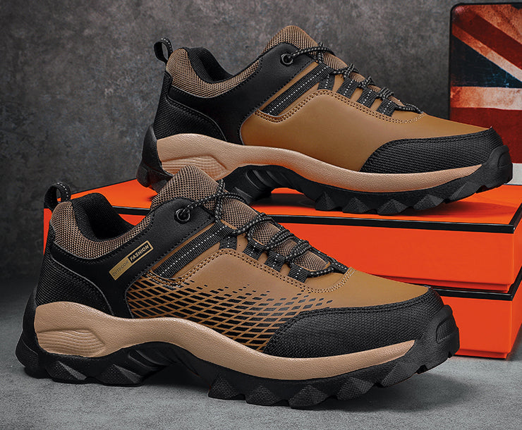 Men's flexible sole barefoot hiking shoes with lacing in a sleek, durable design for natural walking and outdoor adventures.