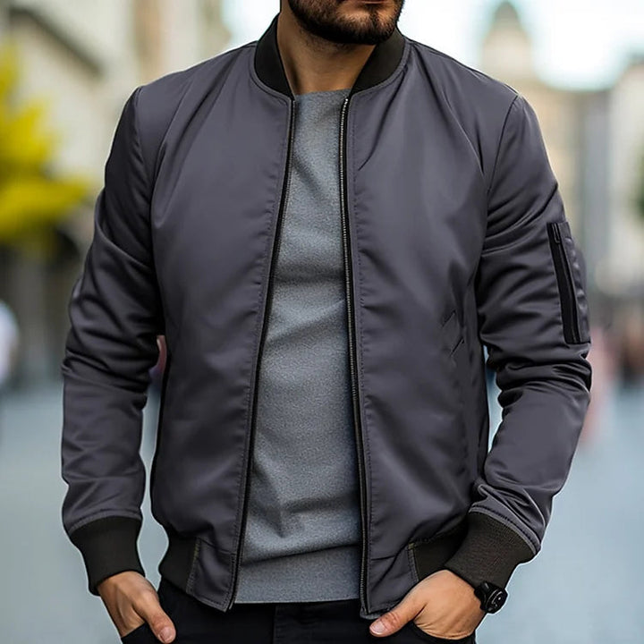Men's lightweight bomber jacket, classic sleek design in khaki, casual fit, versatile for smart-casual and everyday wear.