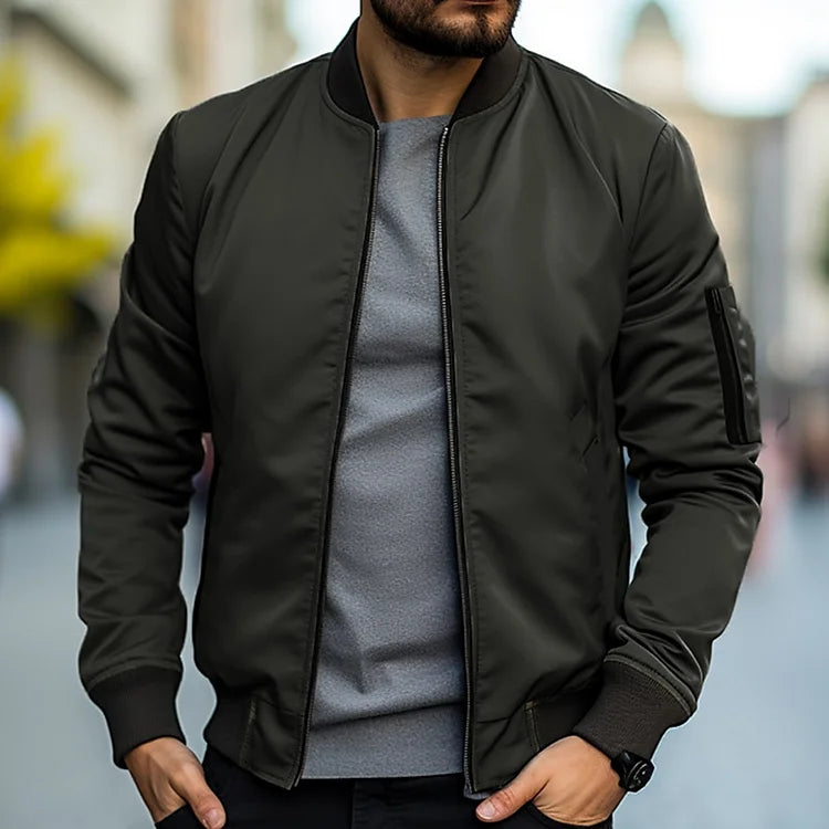 Men's lightweight bomber jacket, classic sleek design in khaki, casual fit, versatile for smart-casual and everyday wear.