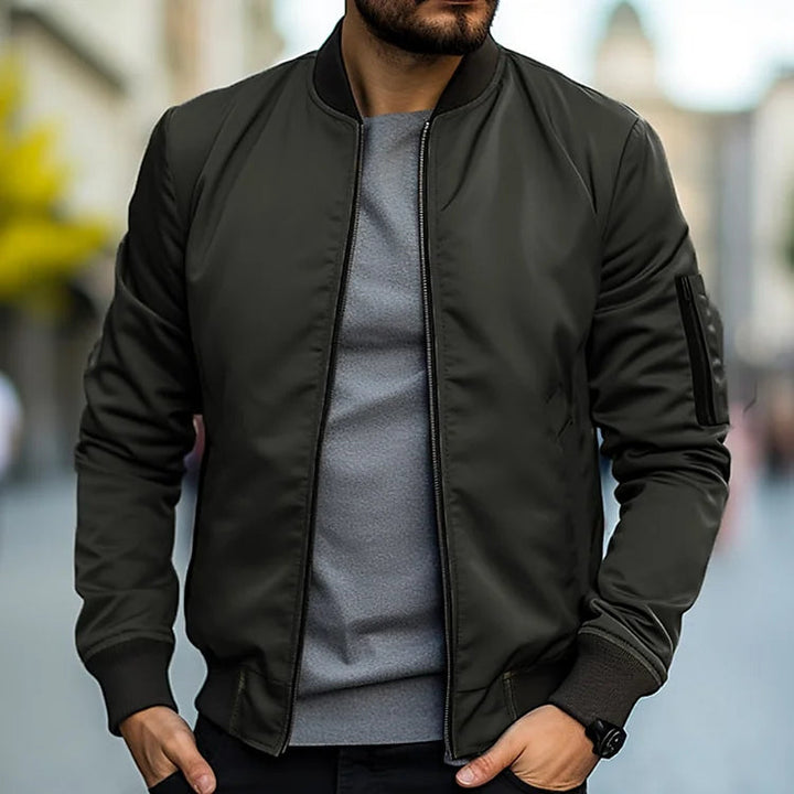Men's lightweight bomber jacket, classic sleek design in khaki, casual fit, versatile for smart-casual and everyday wear.