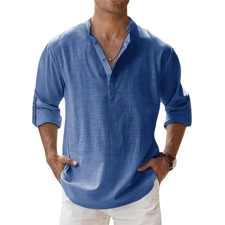 "Men's linen long sleeve polo with chino collar, half button-up design, classic fit, in timeless muted colors"