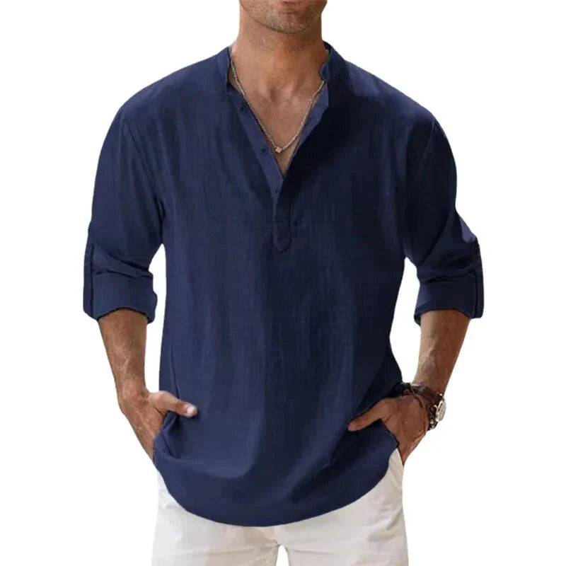 "Men's linen long sleeve polo with chino collar, half button-up design, classic fit, in timeless muted colors"