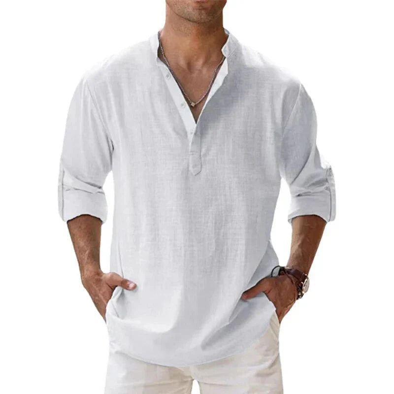 "Men's linen long sleeve polo with chino collar, half button-up design, classic fit, in timeless muted colors"