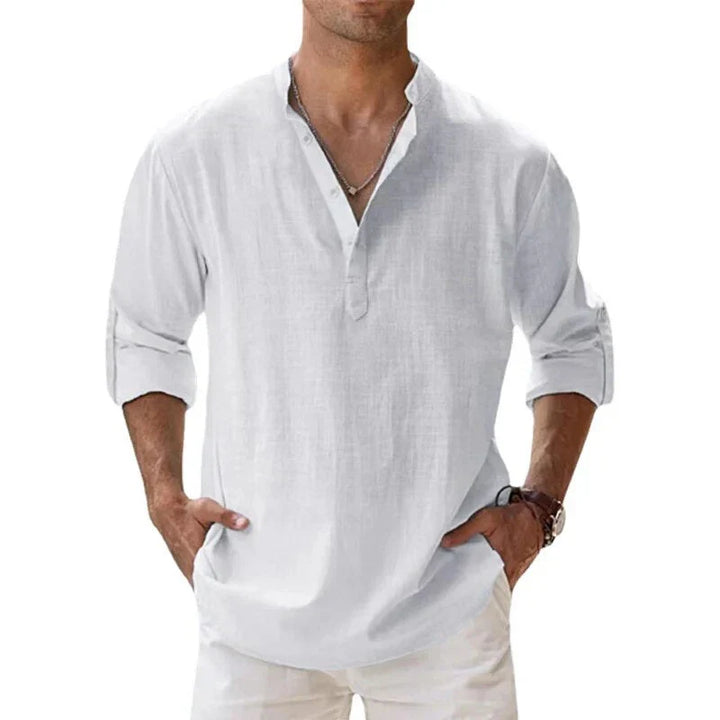 "Men's linen long sleeve polo with chino collar, half button-up design, classic fit, in timeless muted colors"