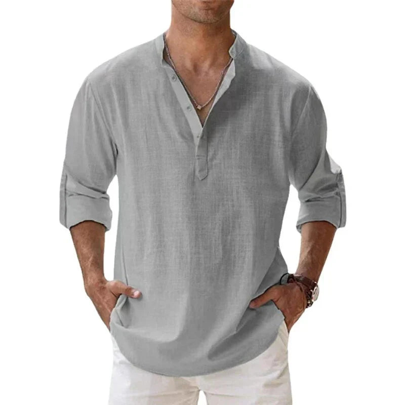 "Men's linen long sleeve polo with chino collar, half button-up design, classic fit, in timeless muted colors"