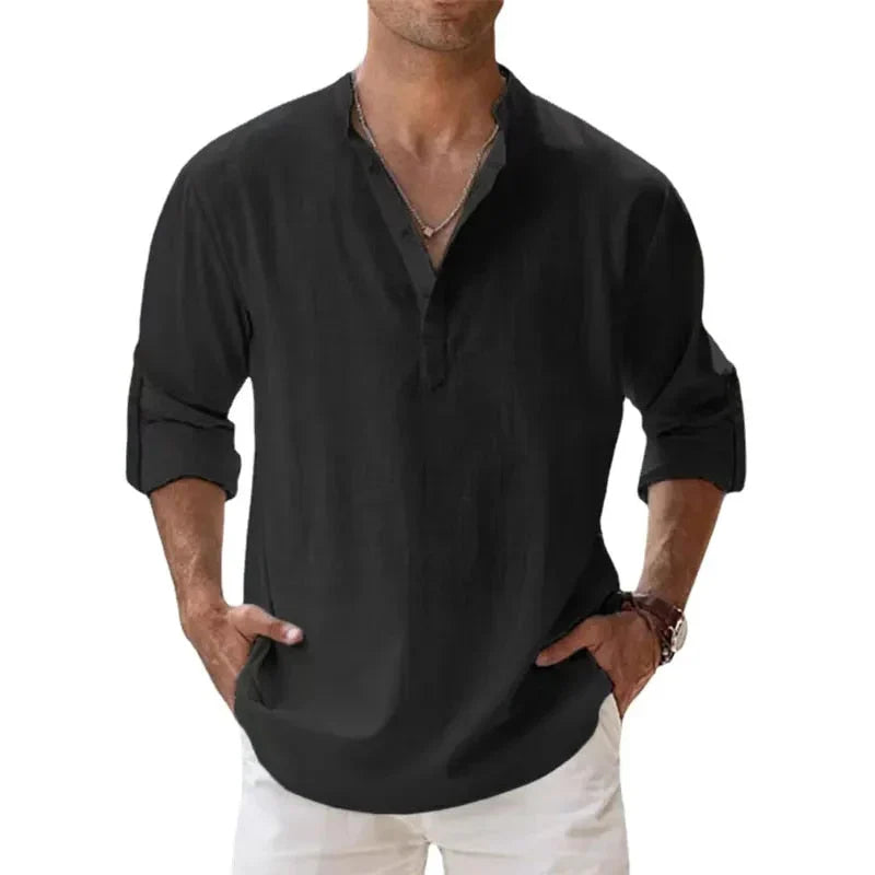 "Men's linen long sleeve polo with chino collar, half button-up design, classic fit, in timeless muted colors"