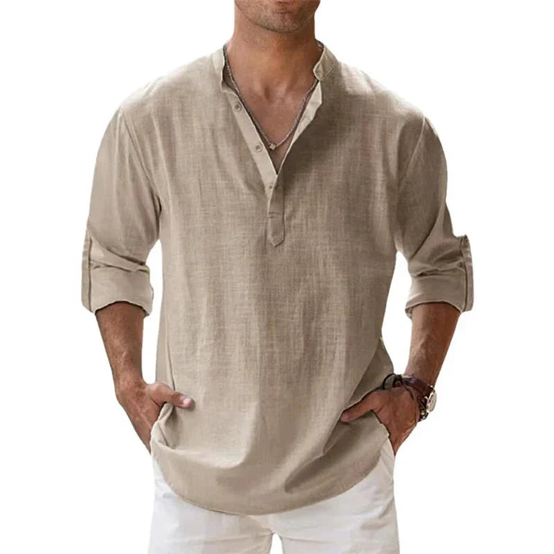 "Men's linen long sleeve polo with chino collar, half button-up design, classic fit, in timeless muted colors"