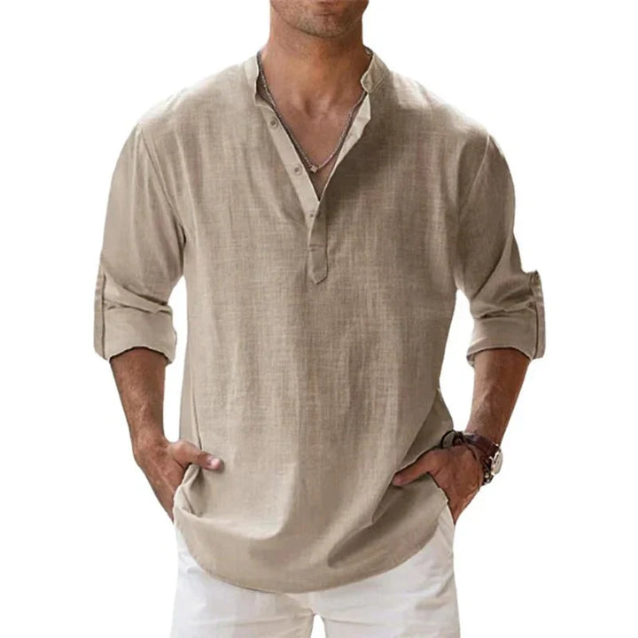 "Men's linen long sleeve polo with chino collar, half button-up design, classic fit, in timeless muted colors"