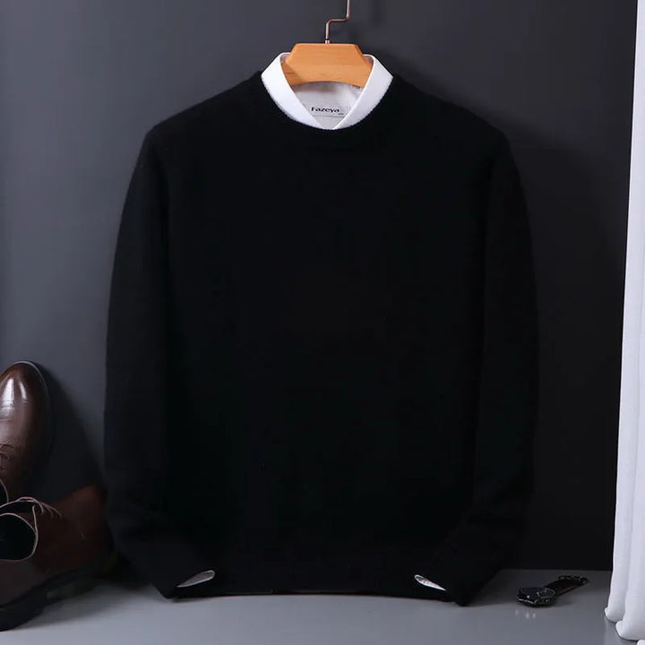 Men's premium cashmere sweater in classic fit, showcasing timeless style in versatile colors like beige, black, and navy.