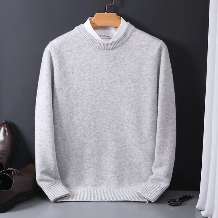 Men's premium cashmere sweater in classic fit, showcasing timeless style in versatile colors like beige, black, and navy.
