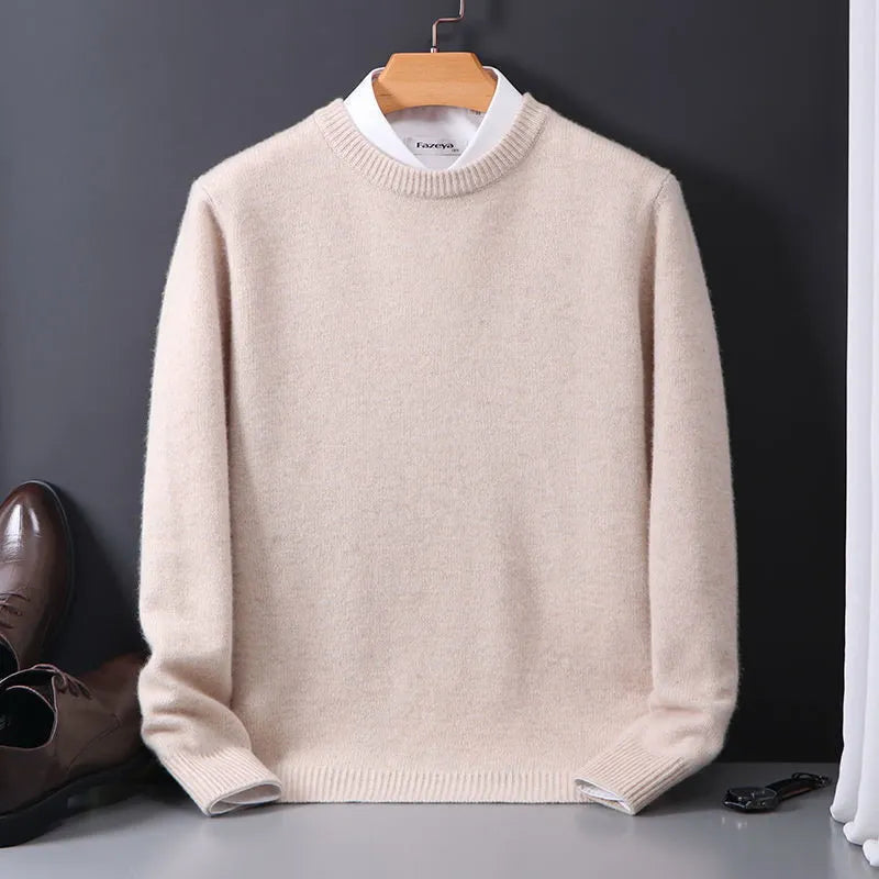 Men's premium cashmere sweater in classic fit, showcasing timeless style in versatile colors like beige, black, and navy.