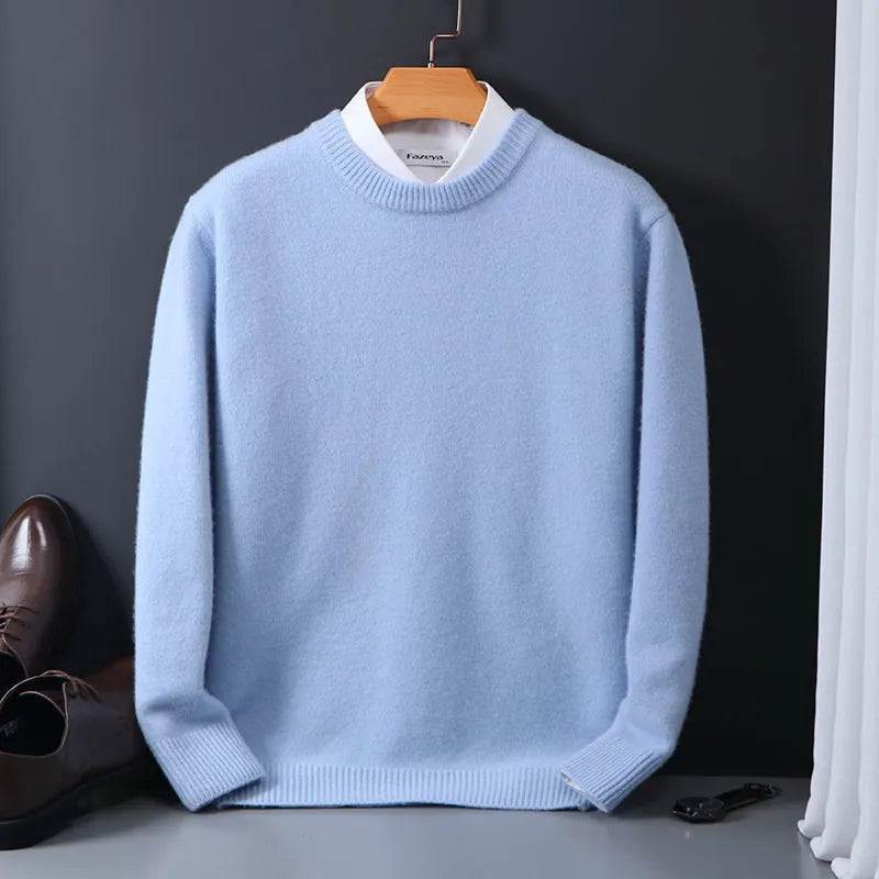 Men's premium cashmere sweater in classic fit, showcasing timeless style in versatile colors like beige, black, and navy.