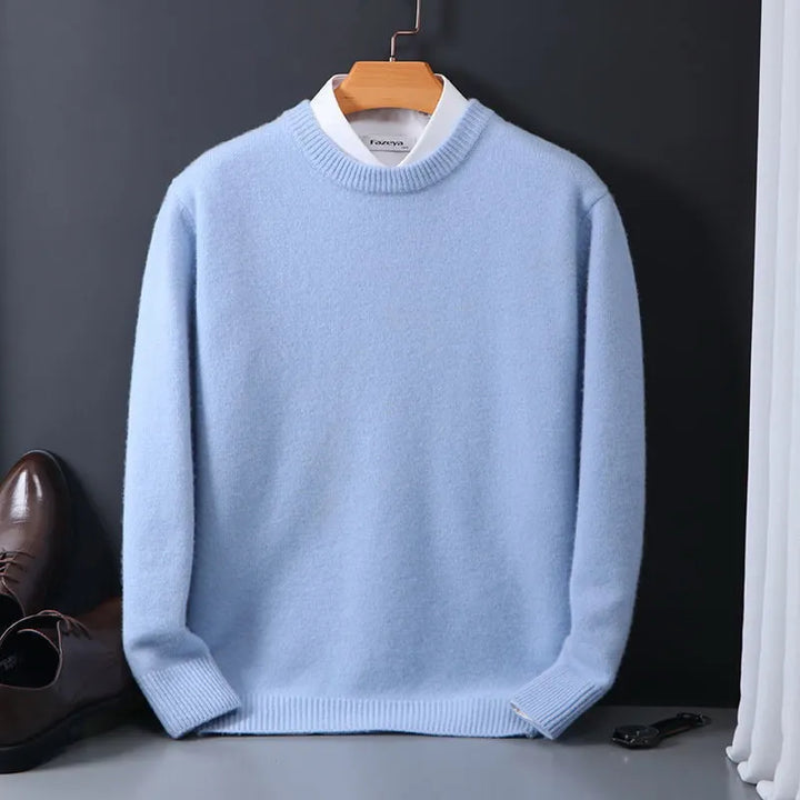 Men's premium cashmere sweater in classic fit, showcasing timeless style in versatile colors like beige, black, and navy.