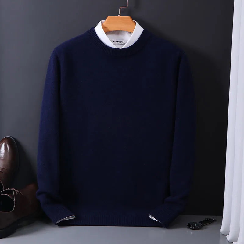 Men's premium cashmere sweater in classic fit, showcasing timeless style in versatile colors like beige, black, and navy.