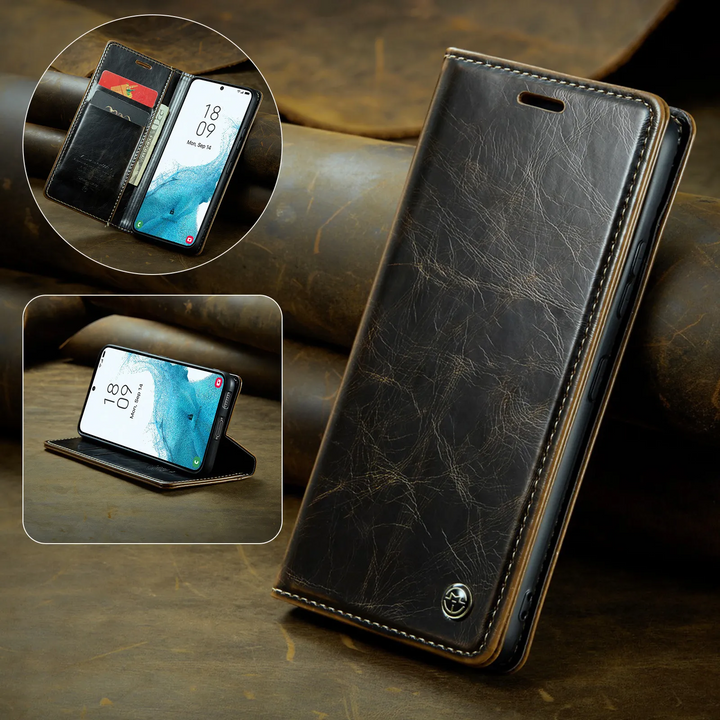 Men's retro leather wallet case for Samsung Galaxy with card slots, cash pocket, PU leather, magnetic closure, elegant design
