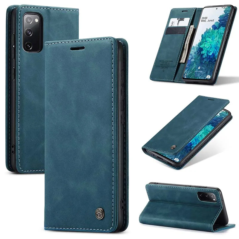 Men's retro leather wallet case for Samsung Galaxy with card slots, cash pocket, PU leather, magnetic closure, elegant design