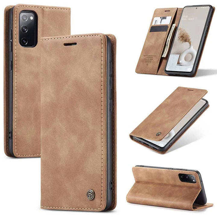 Men's retro leather wallet case for Samsung Galaxy with card slots, cash pocket, PU leather, magnetic closure, elegant design