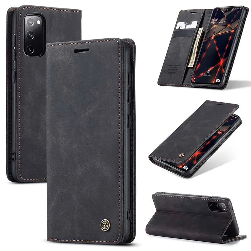 Men's retro leather wallet case for Samsung Galaxy with card slots, cash pocket, PU leather, magnetic closure, elegant design