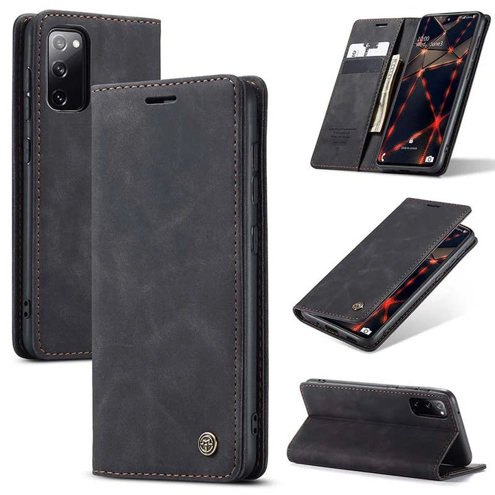 Men's retro leather wallet case for Samsung Galaxy with card slots, cash pocket, PU leather, magnetic closure, elegant design