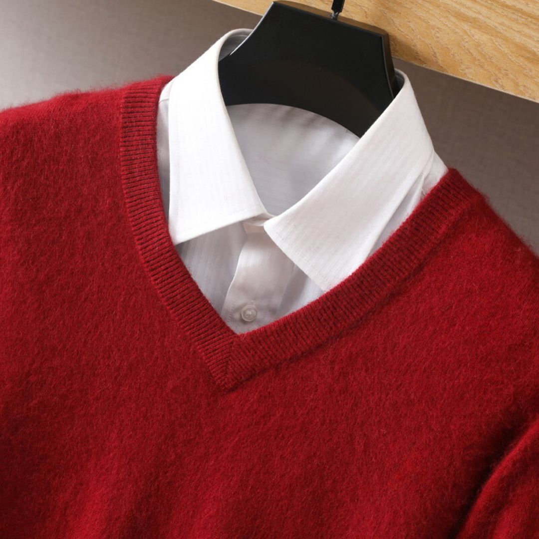 "Men's soft Merino V-Neck sweater, sleek modern design, ultra-comfortable fit, essential for style-conscious wardrobes."