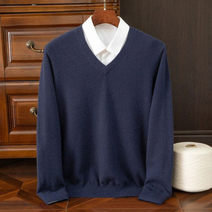"Men's soft Merino V-Neck sweater, sleek modern design, ultra-comfortable fit, essential for style-conscious wardrobes."