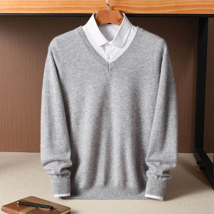 "Men's soft Merino V-Neck sweater, sleek modern design, ultra-comfortable fit, essential for style-conscious wardrobes."