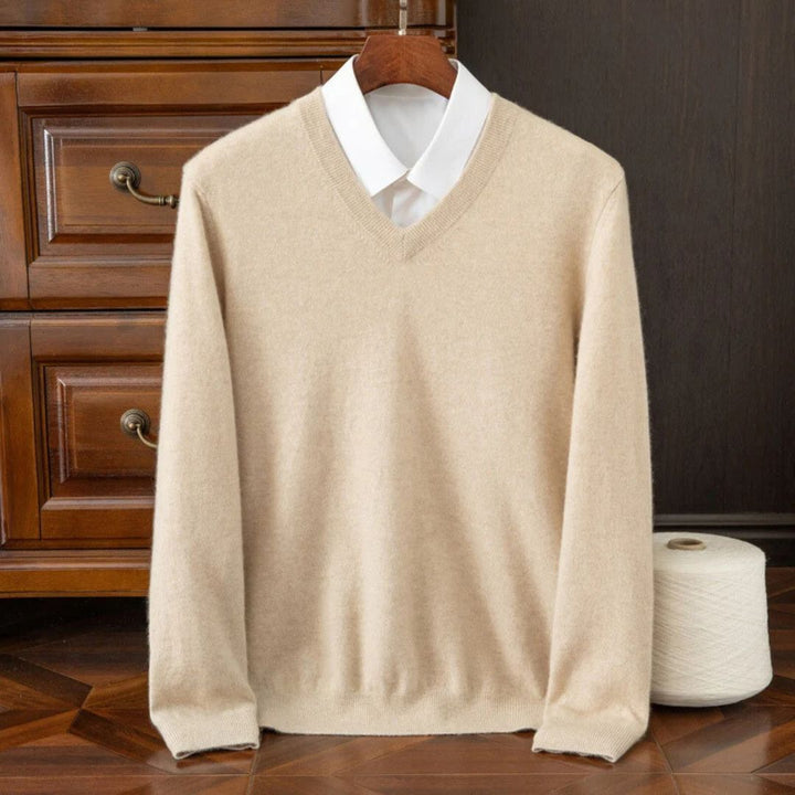 "Men's soft Merino V-Neck sweater, sleek modern design, ultra-comfortable fit, essential for style-conscious wardrobes."