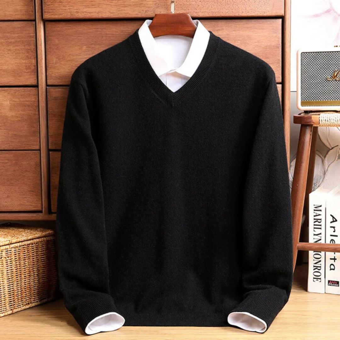 "Men's soft Merino V-Neck sweater, sleek modern design, ultra-comfortable fit, essential for style-conscious wardrobes."