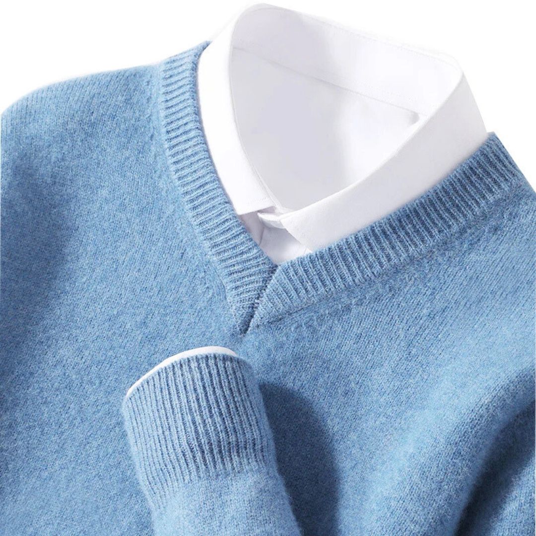 "Men's soft Merino V-Neck sweater, sleek modern design, ultra-comfortable fit, essential for style-conscious wardrobes."