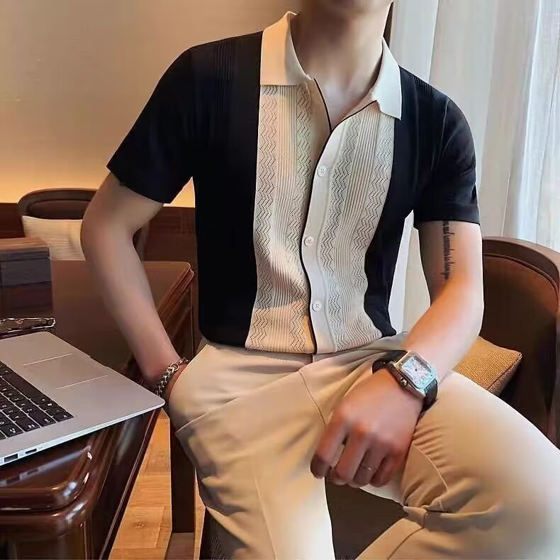 "Men's striped knit shirt short sleeve top in black and white with a classic fit and elegant stripe pattern."