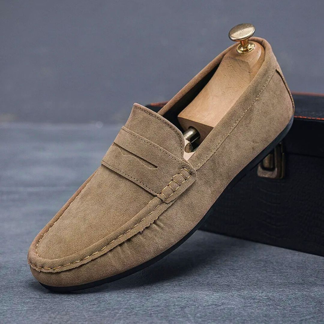Men's suede driving loafers with slip-on design, comfortable fit, rubber sole, and luxurious finish, ideal for versatile wear